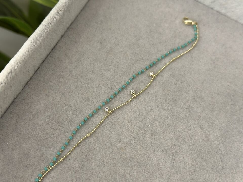 MİNİMA ZİNCİR , MAVİ VE TAŞ DETAYLI BİLEKLİK